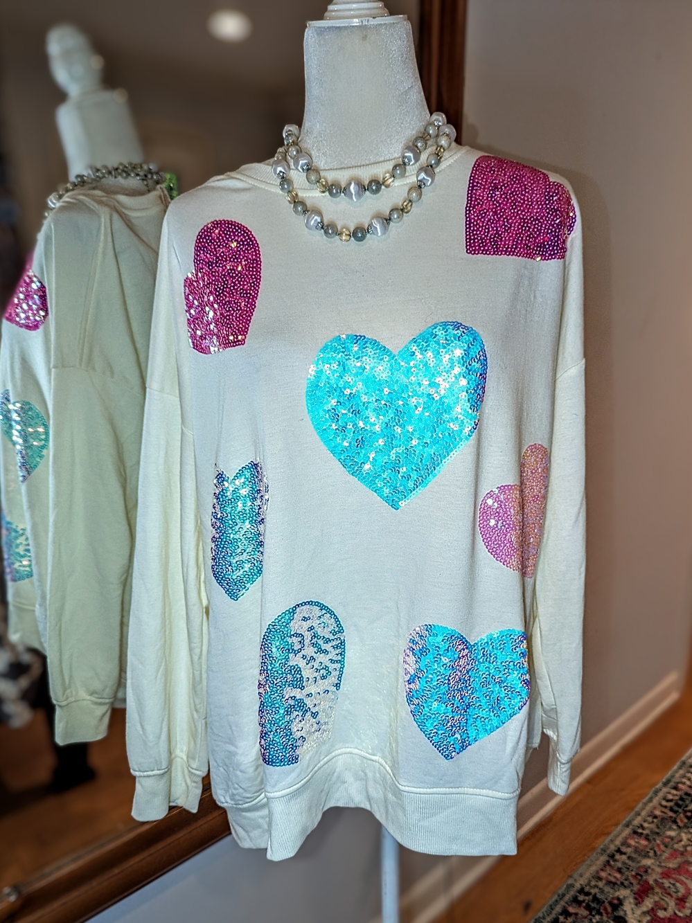 Oversized Sequin Heart Crewneck Sweater - Ivory with Pink & Turquoise Hearts
